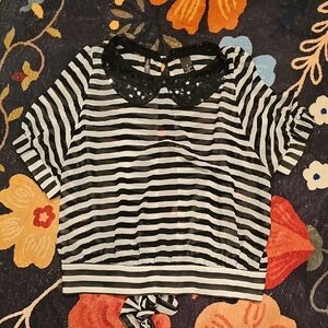 Bisou Bisou Black and White Striped  Blouse with Sequin Collar With Open Back